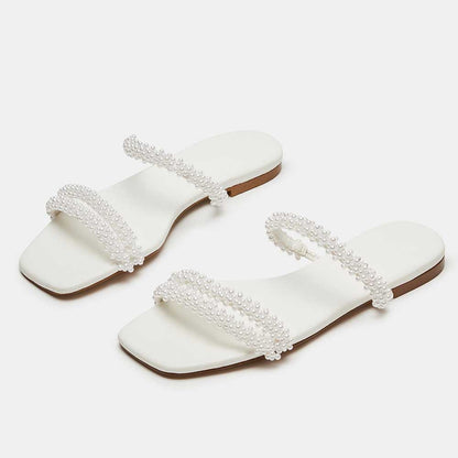 Women's Vegan Leather Square Toe Pearl Inlay Flat White Slippers
