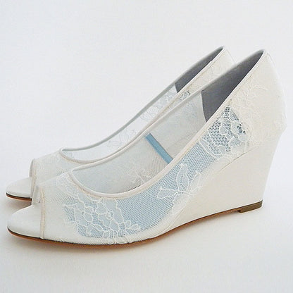 Women's Elegant White Lace Wedding Shoes Peep Toe Wedge Pumps