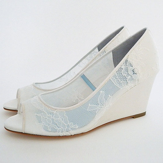 Women's Elegant White Lace Wedding Shoes Peep Toe Wedge Pumps