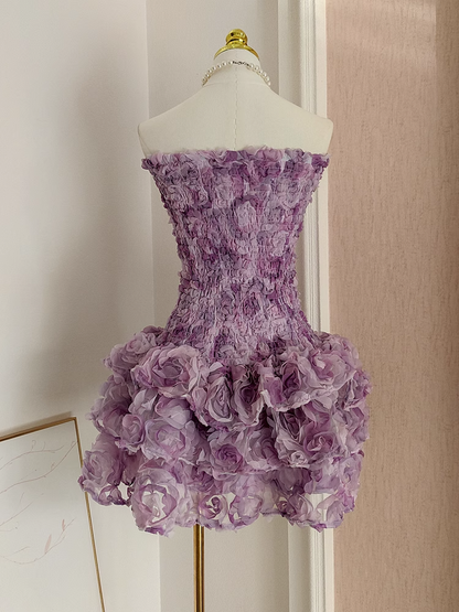 Vintage Purple 3D Flowers Strapless A-line Tulle Short Party Dress Homecoming Dresses TP3926