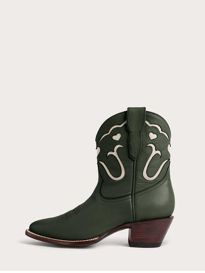 Green Vegan Leather Ivory Patch-Work Block Heeled Cowgirl Ankle Boots