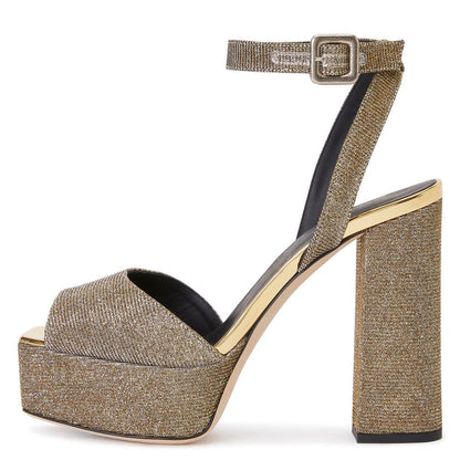 Square Peep Toe Chunky Heel Glitter Ankle Strap Sandals  Party Shoes