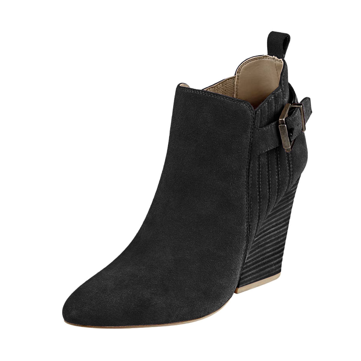Women's Vegan Suede Almond Toe Chunky Heel Ankle Boots in Black