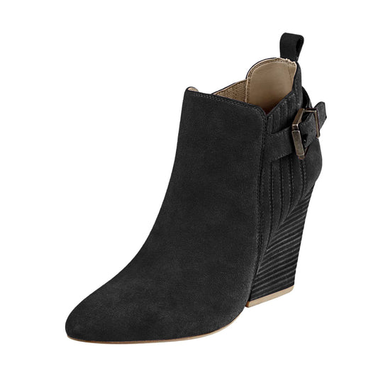 Women's Vegan Suede Almond Toe Chunky Heel Ankle Boots in Black