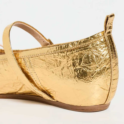 Gold Crinkled Metallic Finish Pleated Round Toe Bow Ballet Flats