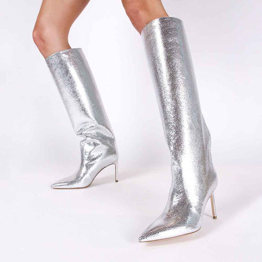 Silver Metallic Pointy Toe Stiletto Heel Wide Calf Knee High Boots