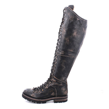 Black Distressed Round Toe Lace-Up Flat Knee High Boots for Women