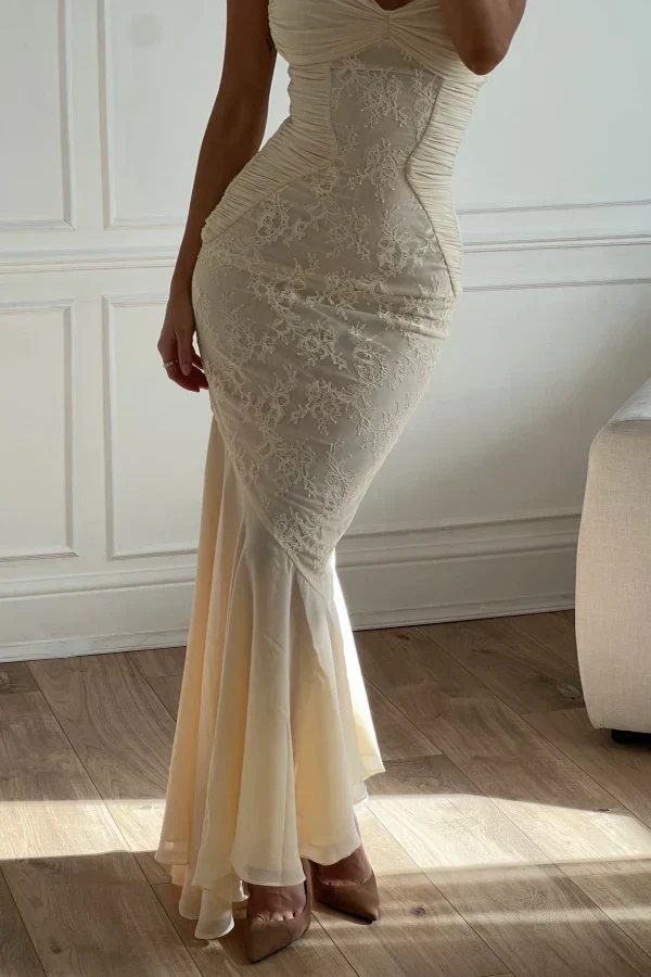 Mermaid Spaghetti Straps Ivory Lace Floor Length Prom Dresses Chiffon Evening Dress cg26207
