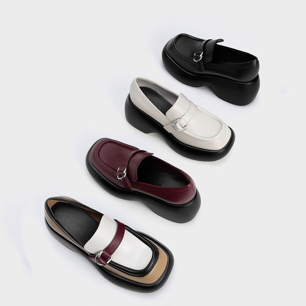 Burgundy Square Toe Chunky Heel Platform Loafers with Buckle Decor