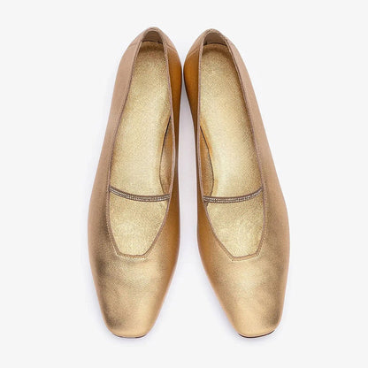 Women's Gold Metallic Finish Square Toe Rhinestone Trim Strap Flats