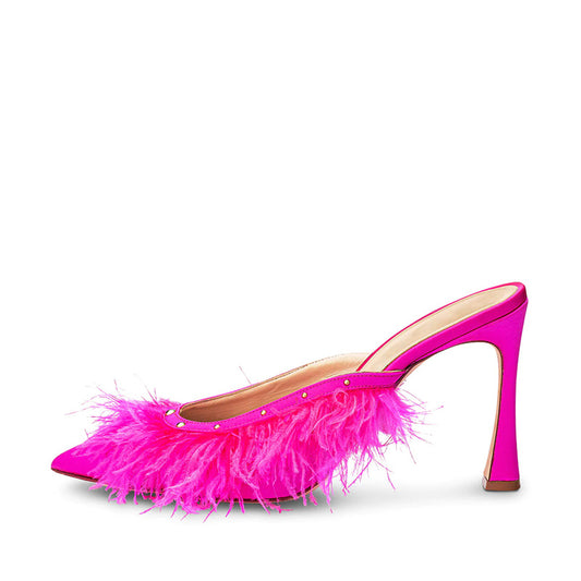 Women's Fuchsia Satin Pointed Toe Faux Feather Trim Mule Heels