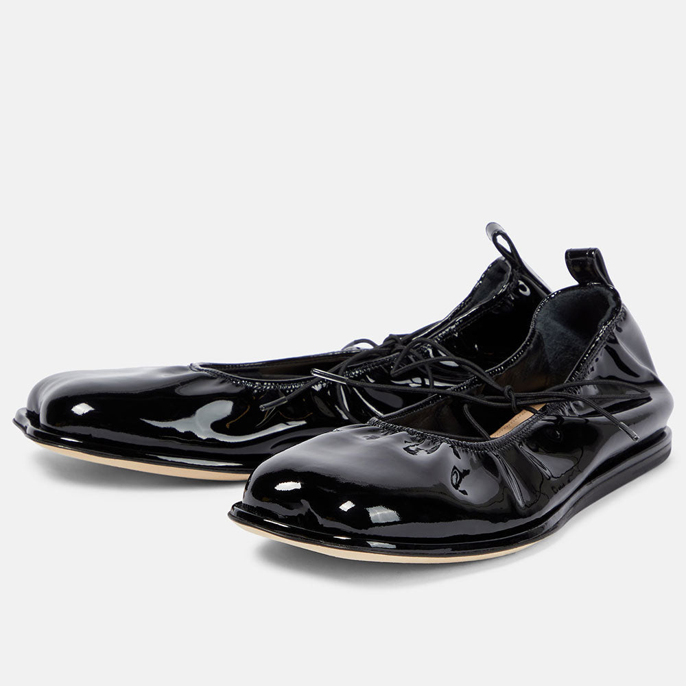 Black Patent Leather Square Toe Elasticated Edge Lace Up Ballet Flats