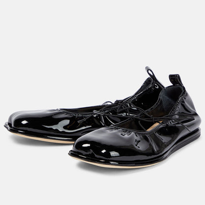 Black Patent Leather Square Toe Elasticated Edge Lace Up Ballet Flats