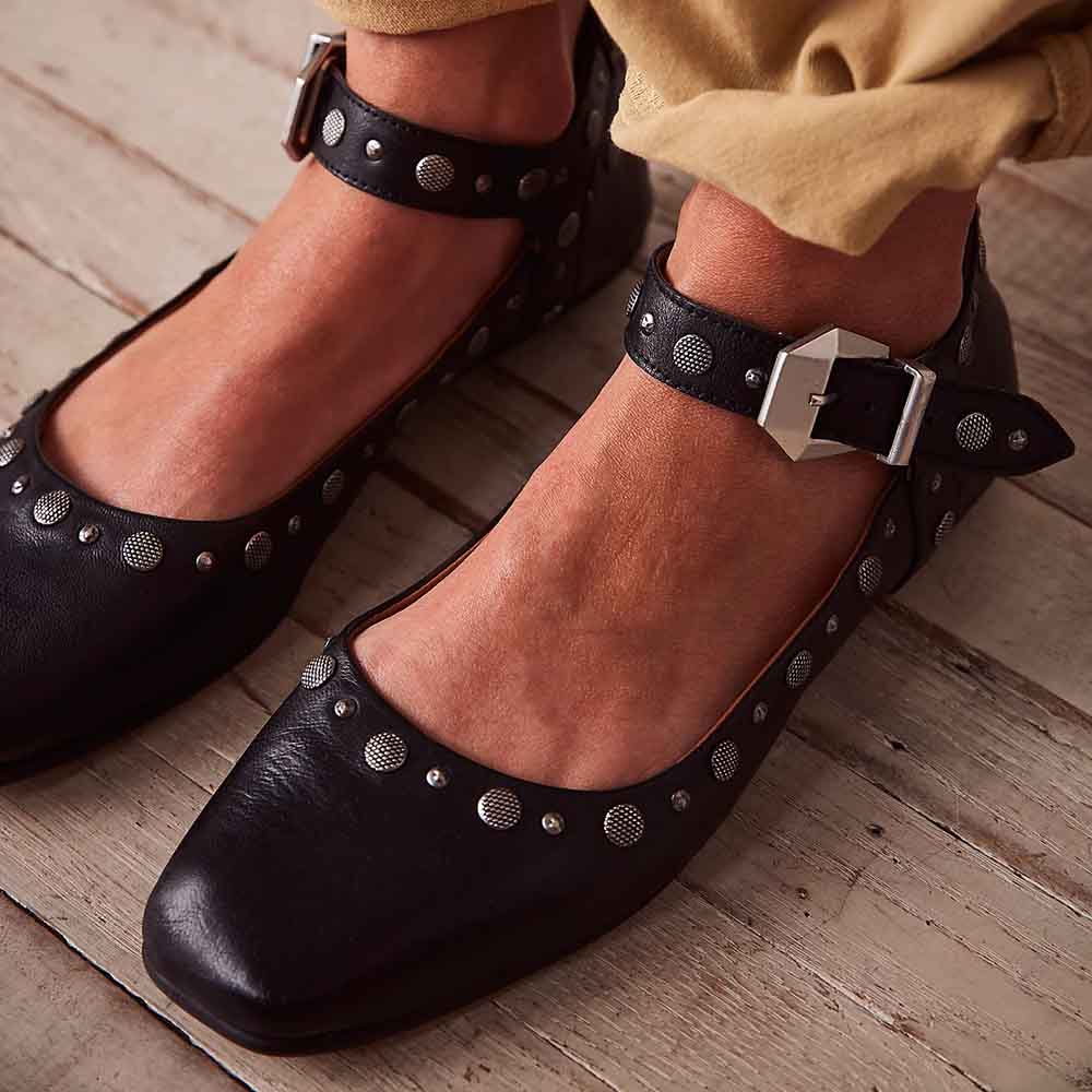 Black Square Toe Buckle Studded Mary Jane Flats for Women