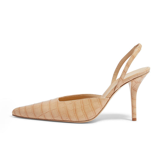 Women's Nude Croco Embossed Pointed Toe Slingback Pumps
