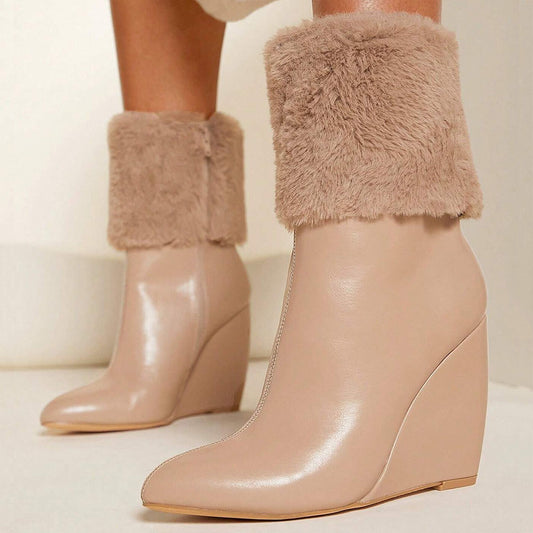Beige Pointed Toe 4__ Wedge Heel Fur Covering Ankle Boots