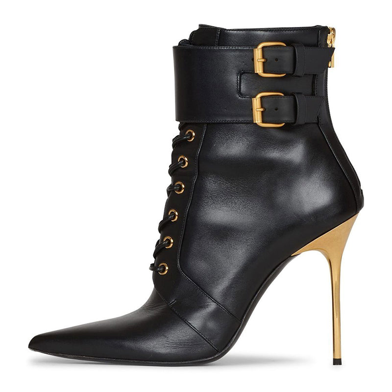Black Faux Leather Stiletto Heel Lace Up Buckle Pointy Toe Ankle Boots