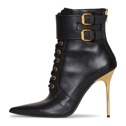 Black Faux Leather Stiletto Heel Lace Up Buckle Pointy Toe Ankle Boots