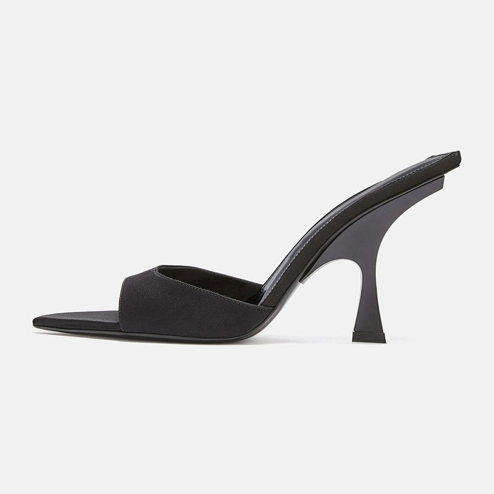 Women's Classic Black Satin Open Toe Flared Heel Mules Sandals