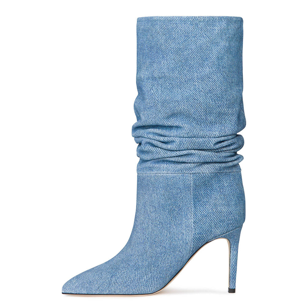 Blue Denim Pointed Toe Stiletto Heel Mid Calf Boots