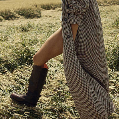 Burgundy Round Toe Pull-On Knee High Boots with Low Chunky Heel
