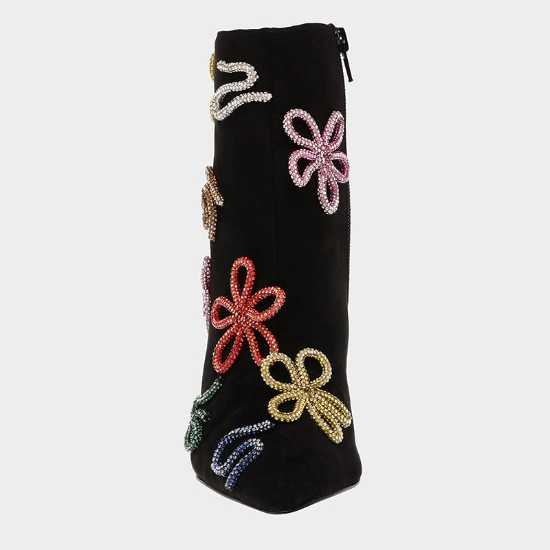 Black Spool Heel Multicolor Rhinestone Flower Ankle Boots for Women