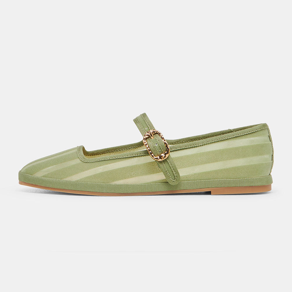 Classic Green Mesh Round Toe Stripes Buckle Strap Flats By FSJ