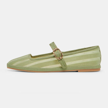 Classic Green Mesh Round Toe Stripes Buckle Strap Flats By FSJ