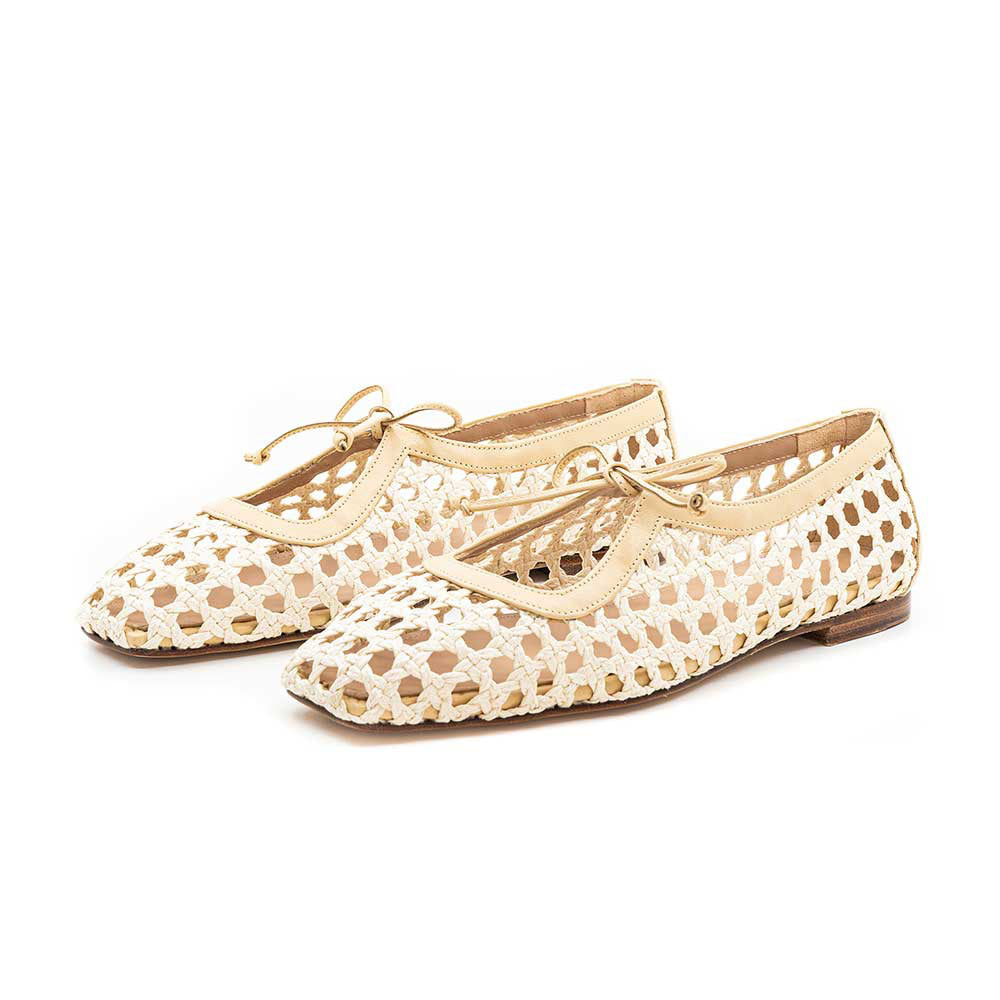 Square Toe Woven Hollow-Out Lace-Up Casual Flats in Beige
