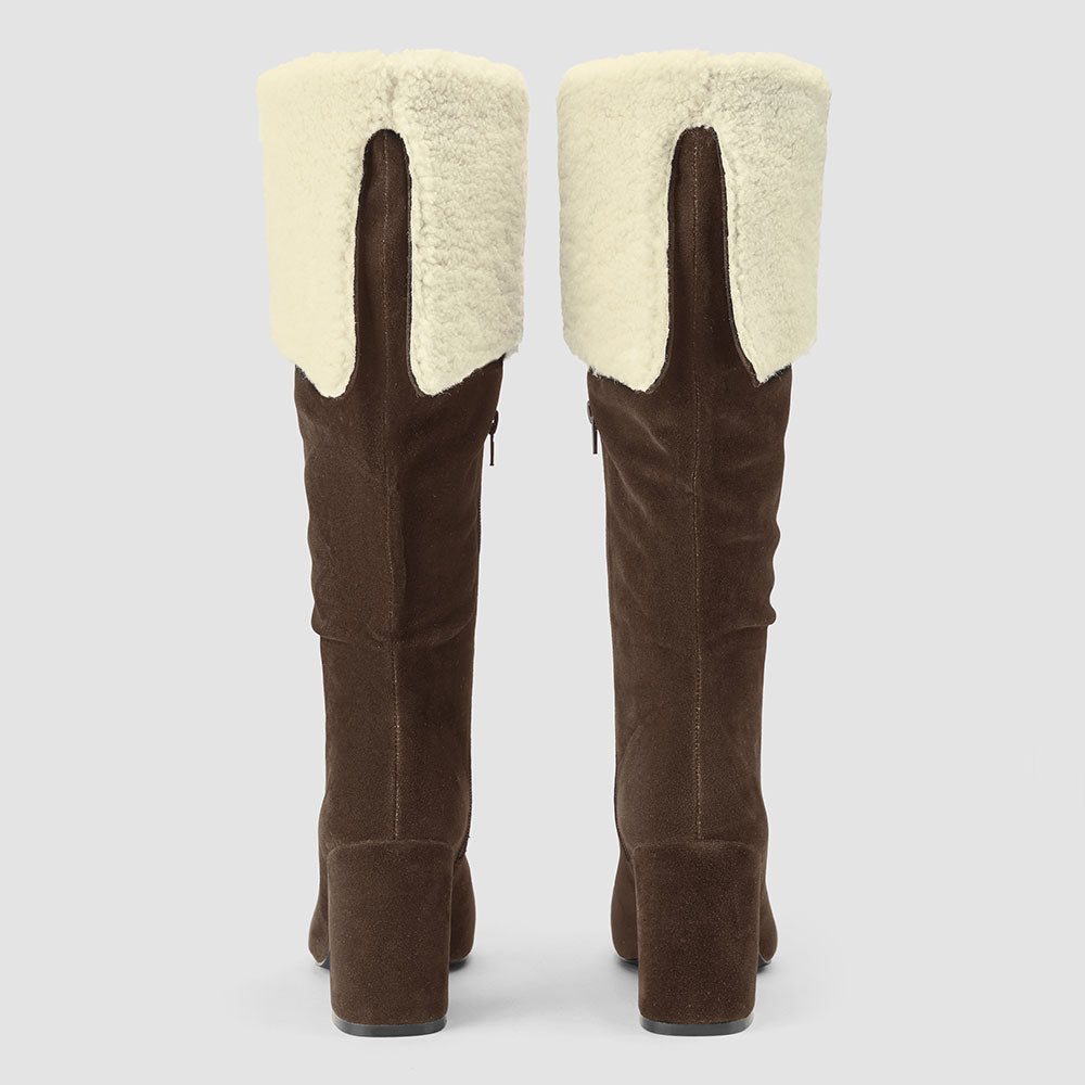 FSJ Brown Vegan Suede Almond Toe Fold Over Fuzzy Knee High Boots