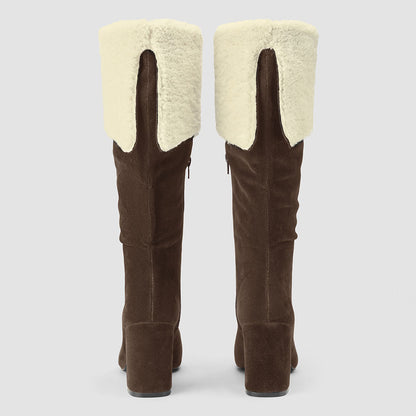 FSJ Brown Vegan Suede Almond Toe Fold Over Fuzzy Knee High Boots