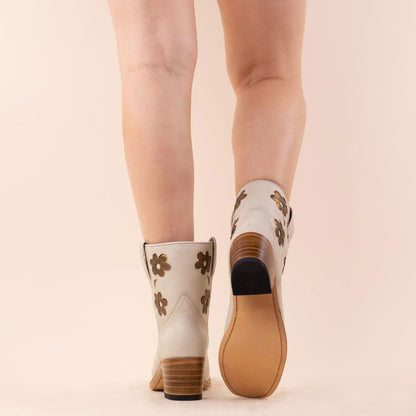 Beige Square Toe Block Heel Cowboy Ankle Boots with Gold Flowers