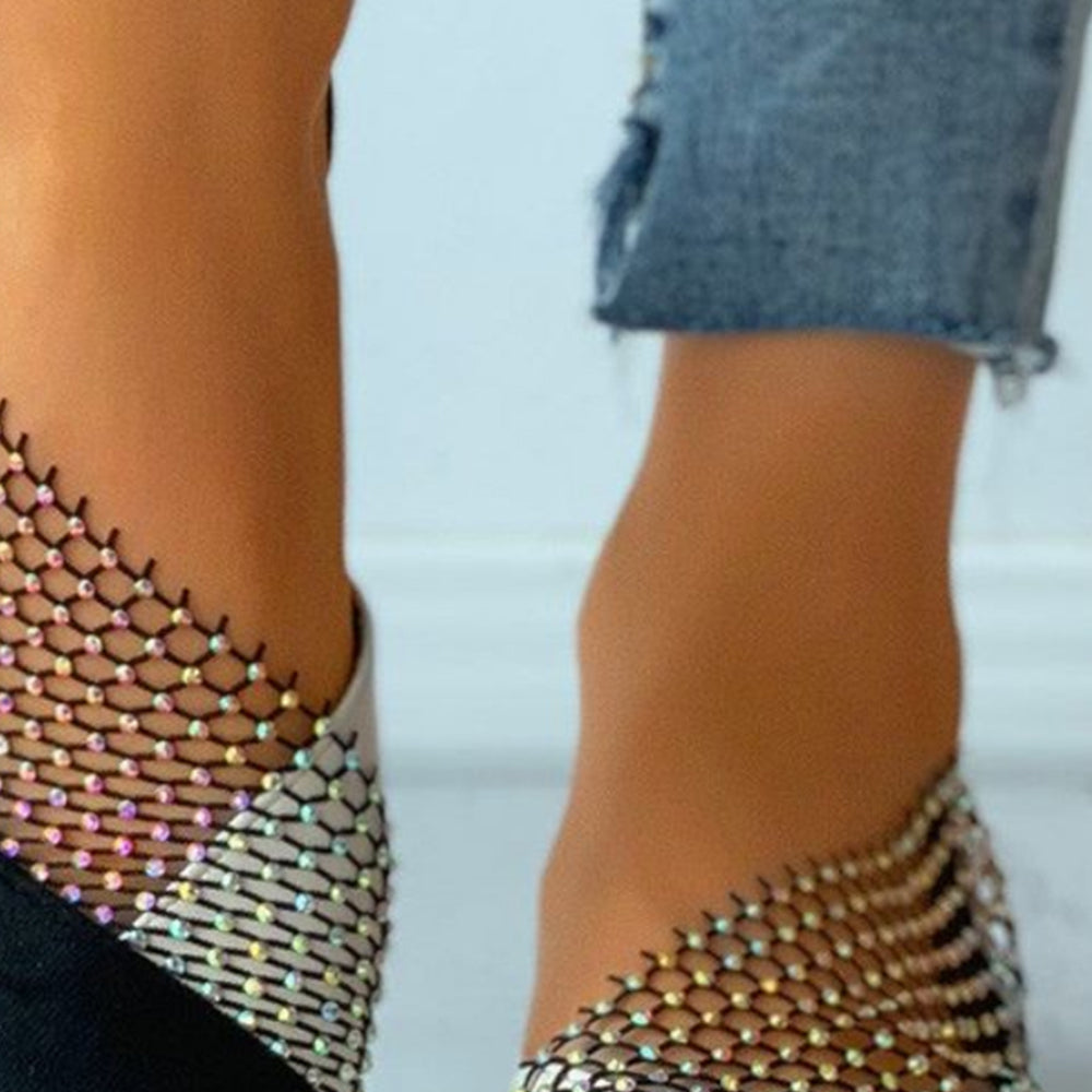 Black Colorblock Pointed Toe Hallow Flats With Rhinestone Bow Decor Flats