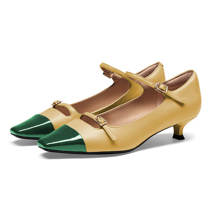 Yellow & Green Square Toe Low Heel Pumps with Double Buckled Straps