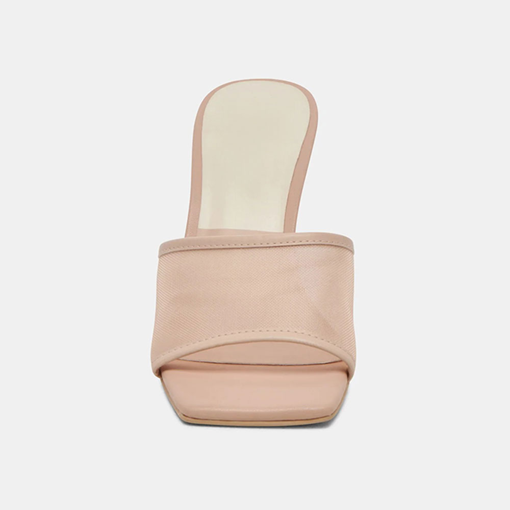Women's Nude Open Square Toe Sandals Slip-On Mesh Mule Heels