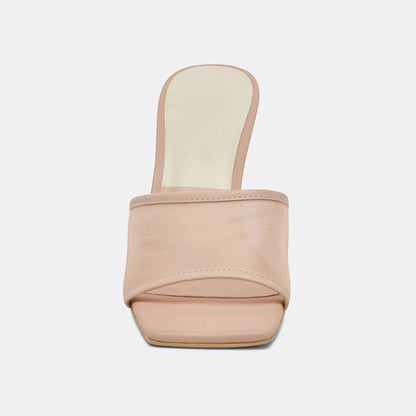 Women's Nude Open Square Toe Sandals Slip-On Mesh Mule Heels