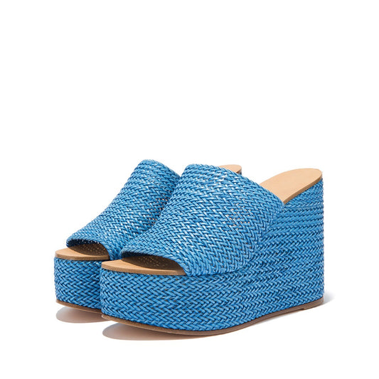 Blue Woven Open Round Toe Platform Wedge Heels Mules Sandals