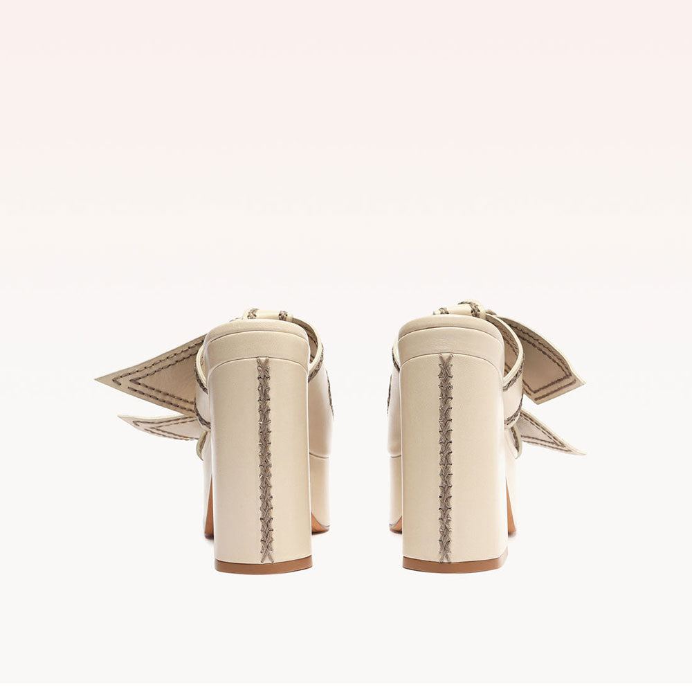 Beige Open Toe Stitching Chunky Heel Platform Mules with Double Bow