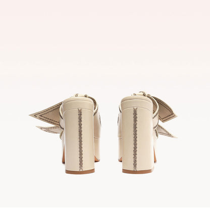 Beige Open Toe Stitching Chunky Heel Platform Mules with Double Bow