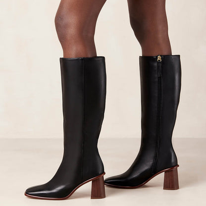 Black Vegan Leather Square Toe Chunky Heel Side-Zipper Knee High Boots
