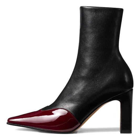 Black and Burgundy Patchwork Square Toe Zip Heeled Ankle Boots