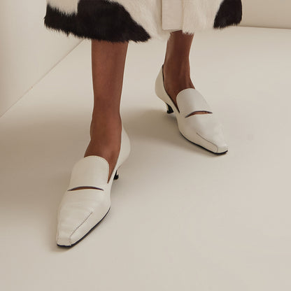 White Vegan Leather Square Toe Stiletto Heel Loafers
