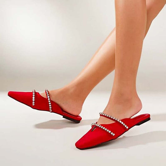 Red Square Toe Cut-Out Flats Women's Rhinestones Mules Shoes