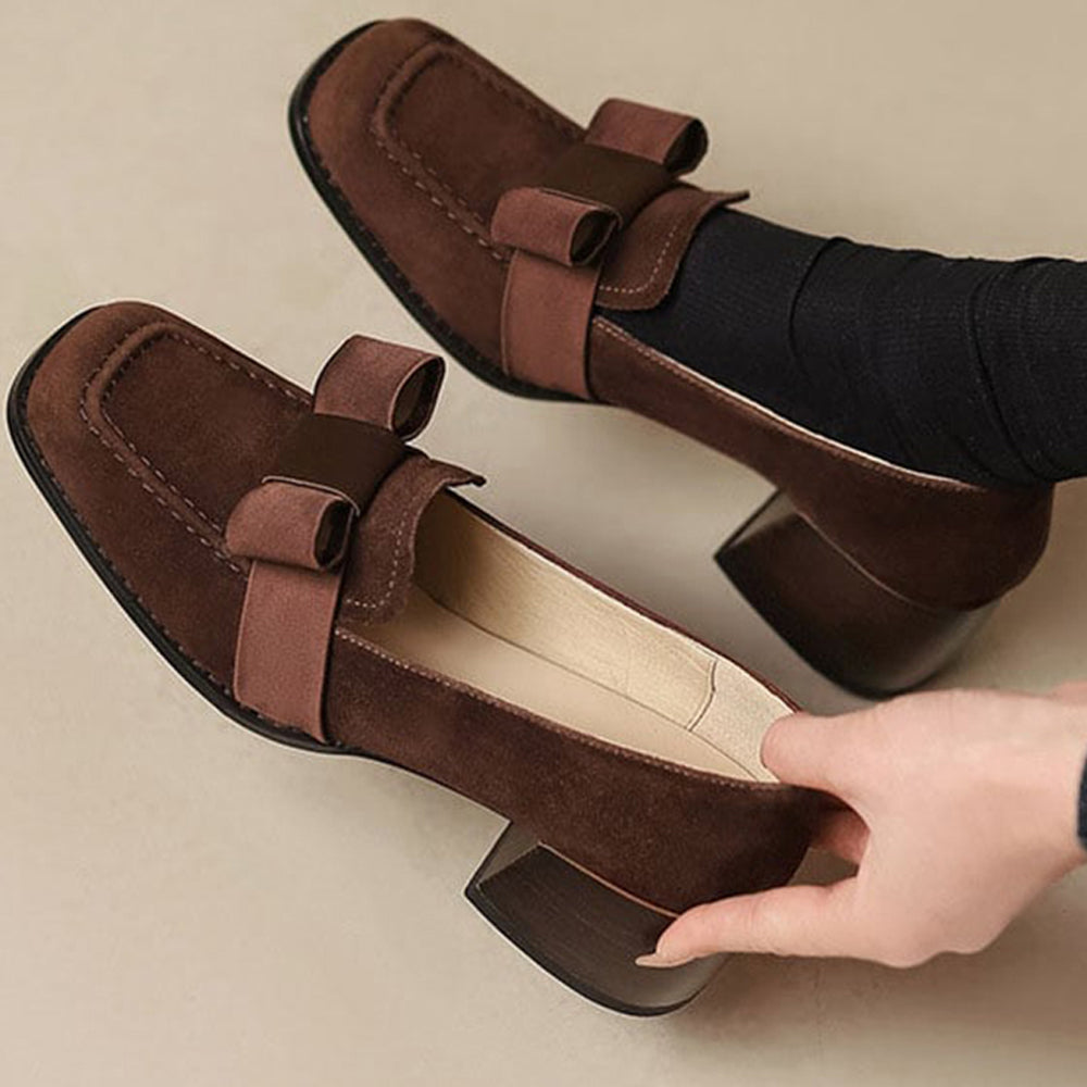 Brown Faux Suede Square Toe Chunky Heel Loafers with Bow