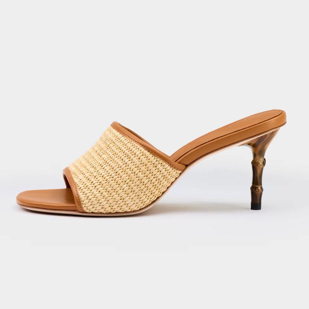 Beige and Tan Woven Open Square Toe Bamboo Heel Mules Shoes