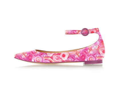 FSJ Pink Printed Ankle Strap Pointed Toe Flats for Women