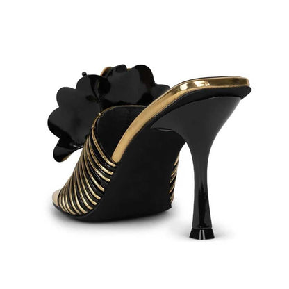 Black & Gold Open Toe Floral Decor Stiletto Heel Mules Sandals