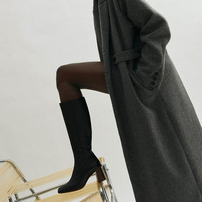 Black Vegan Leather Square Toe Chunky Heel Side-Zipper Knee High Boots