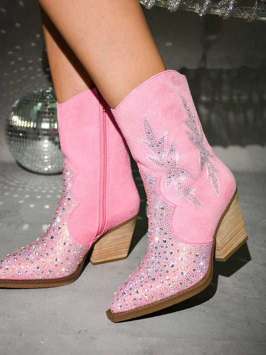 Pink Faux Suede Pointed Toe Rhinestone Embellished Heeled Cowgirl Ankle Boots