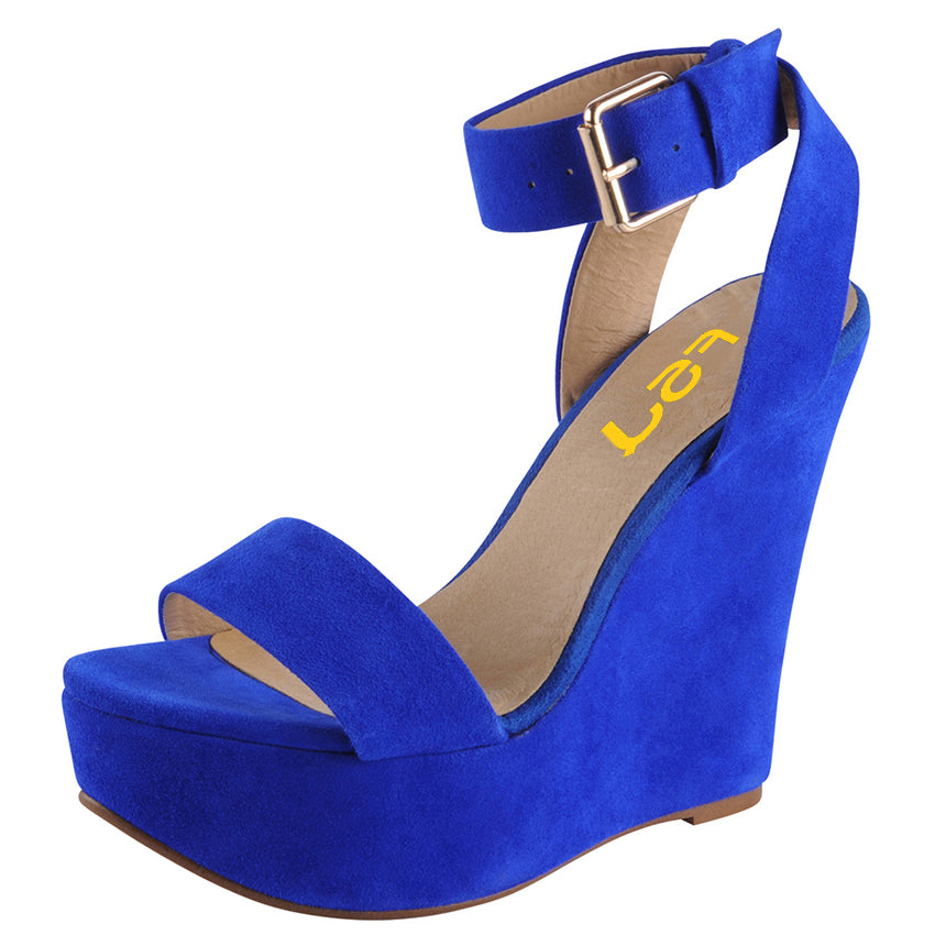 Women's Royal Blue Vegan Suede Ankle Strap Wedge Platform Sandals